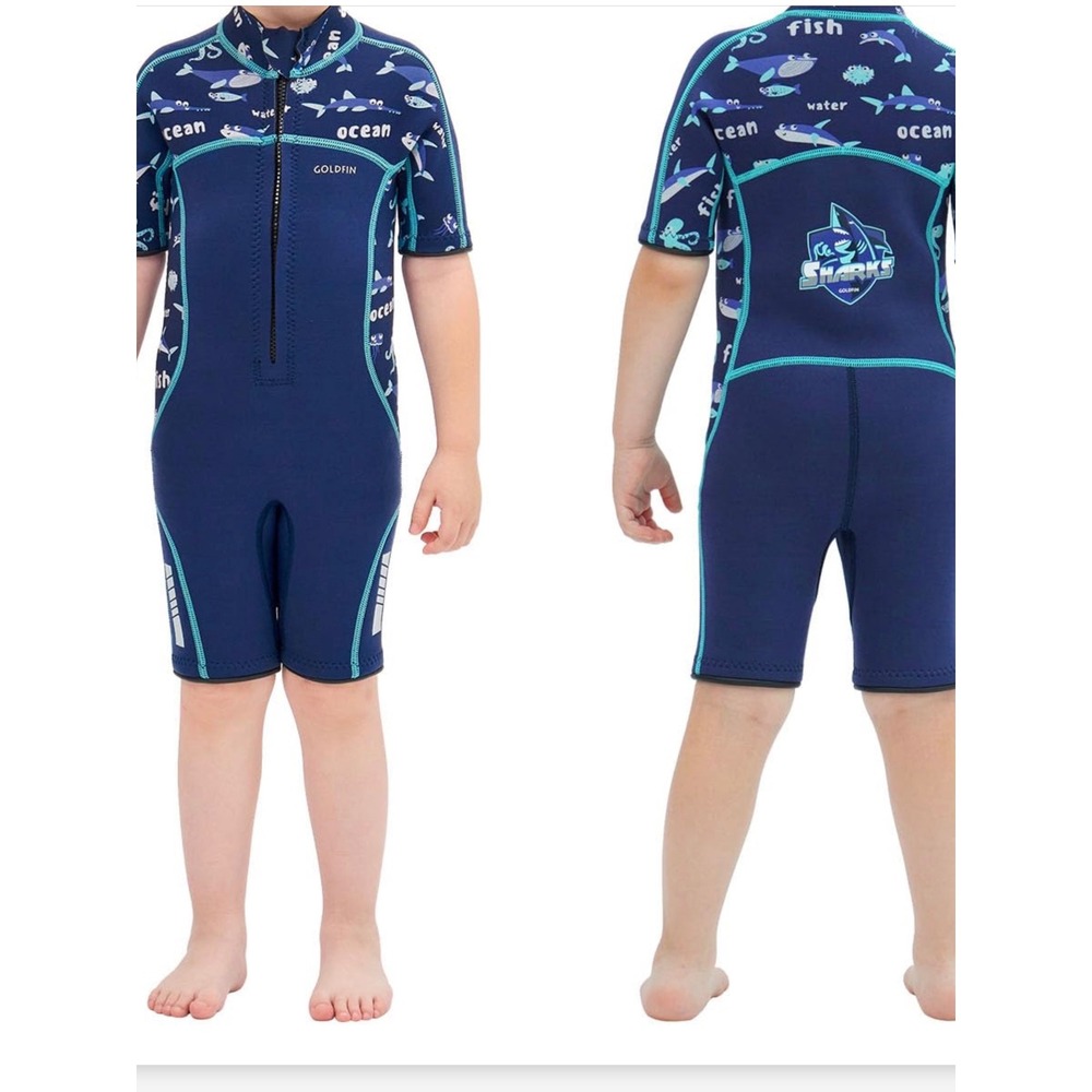 Goldfin Wetsuit Kids Size 2 Blue Excellent Shorty Neoprene Front Zip Shark Print